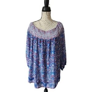 ALYX Women's BOHO 3/4 Blue/Red/White Sheer Attached Cami Blouse 2X